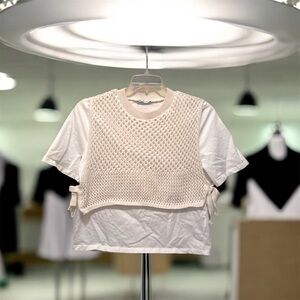Zara White Tee with White/Cream Knit Overlay size Large